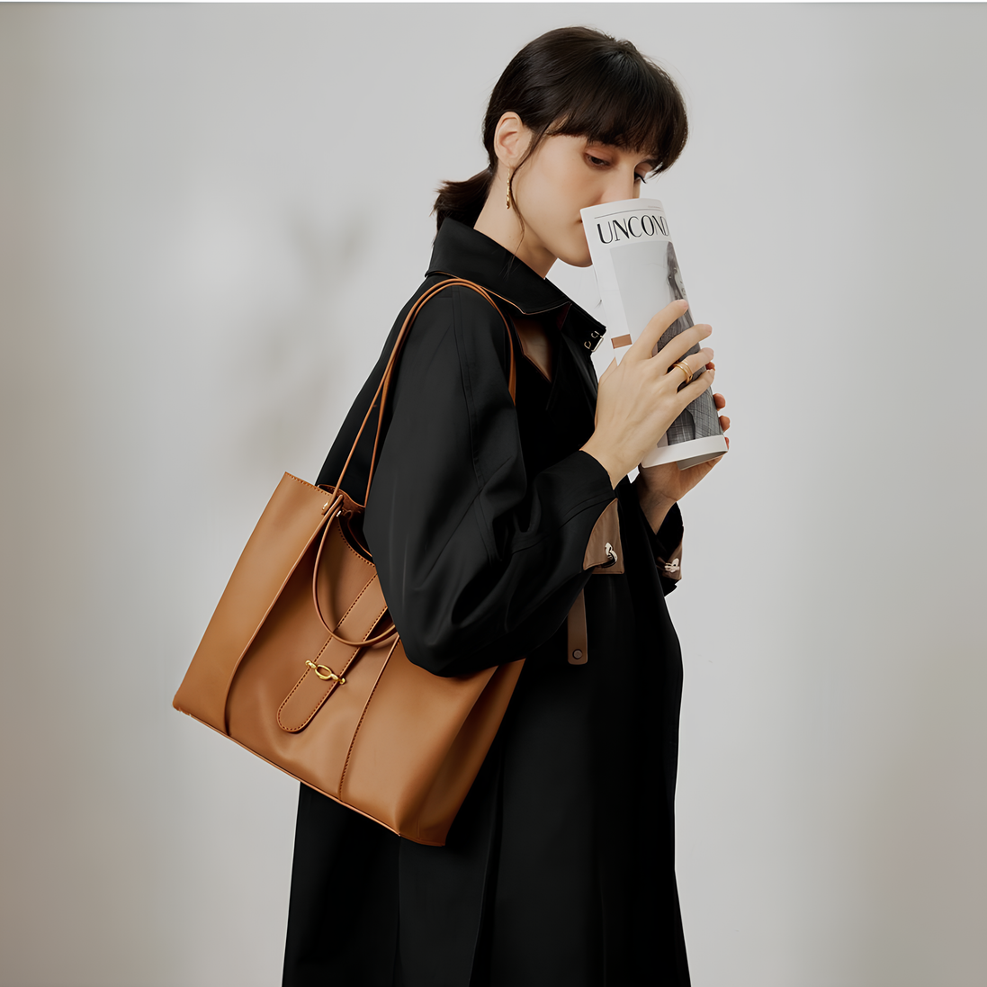 Bolsa feminina grande em couro genuíno caramelo com Organizador Interno - Sereinna