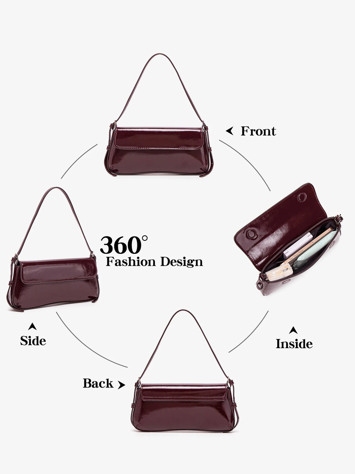 Fashion ladies shiny crossbody bag stylish elegant shoulder bag wine red small underarm bag versatile solid color clutch bag