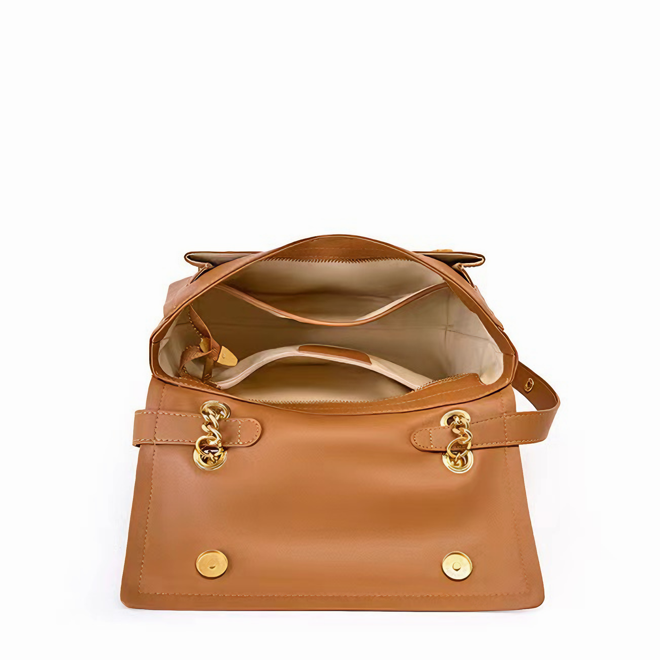Bolsa feminina média em couro genuíno caramelo, com correntes - Sereinna