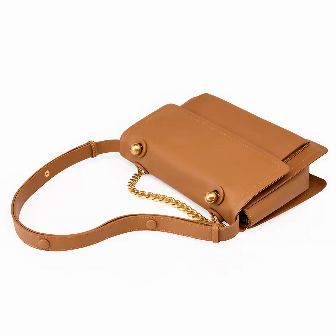 Bolsa feminina média em couro genuíno caramelo, com correntes - Sereinna