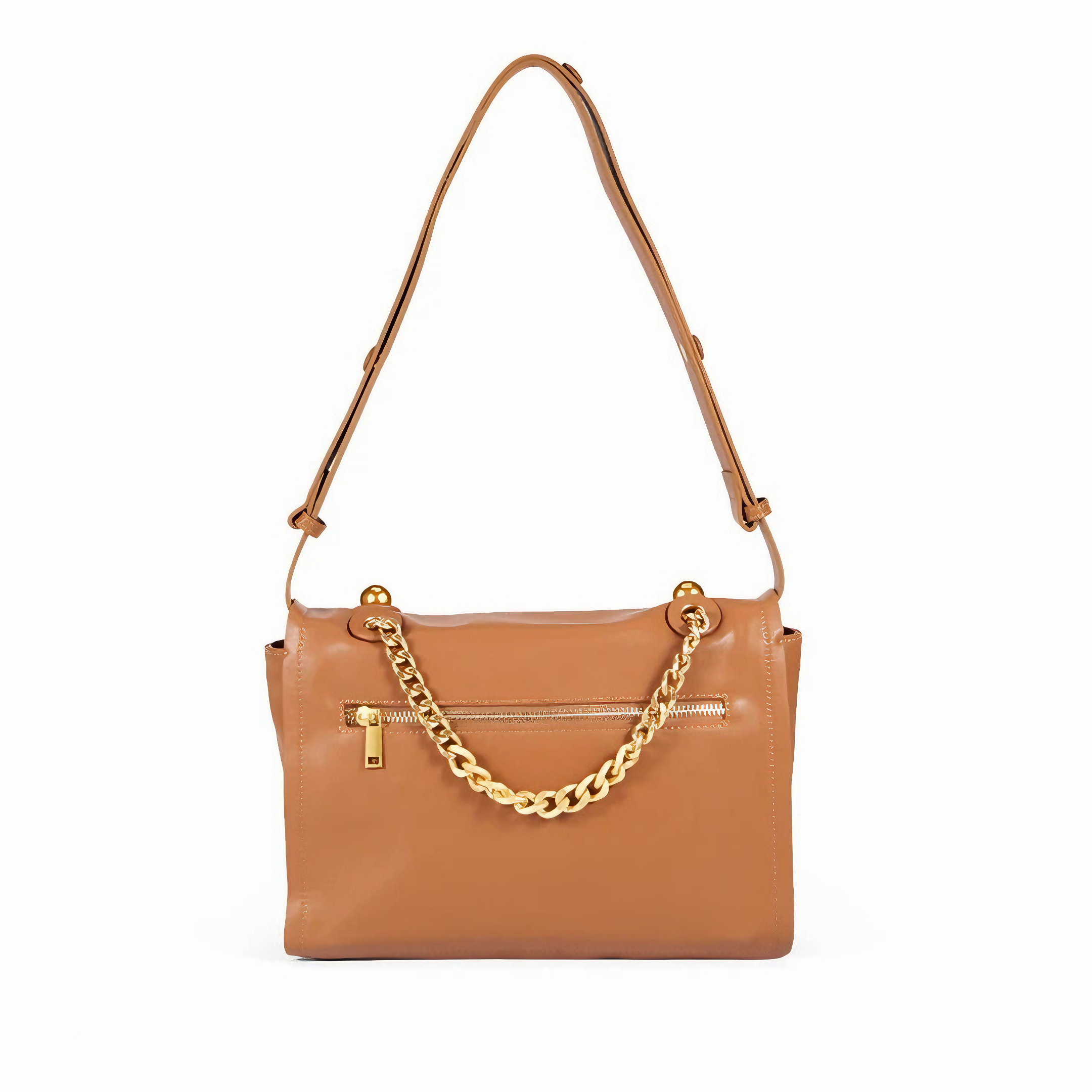 Bolsa feminina média em couro genuíno caramelo, com correntes - Sereinna