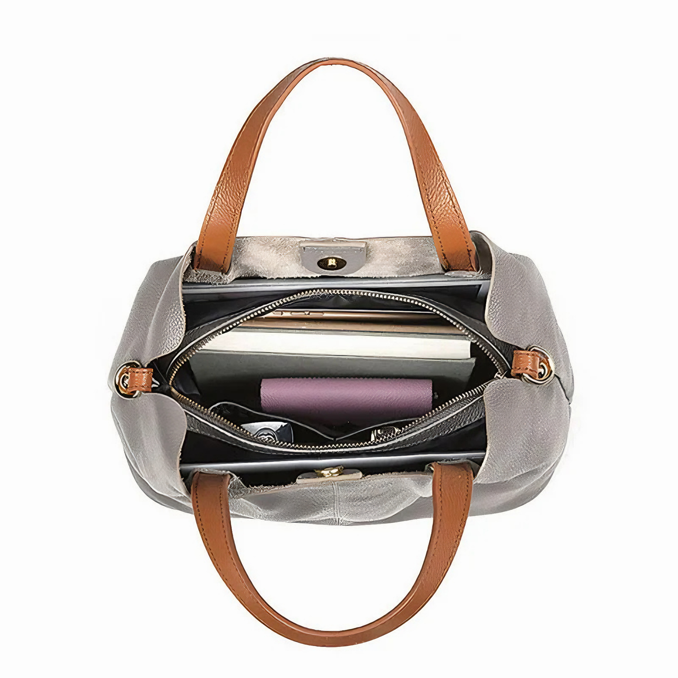 Bolsa Feminina Grande em Couro Genuino Cinza com Organizador Interno - Sereinna