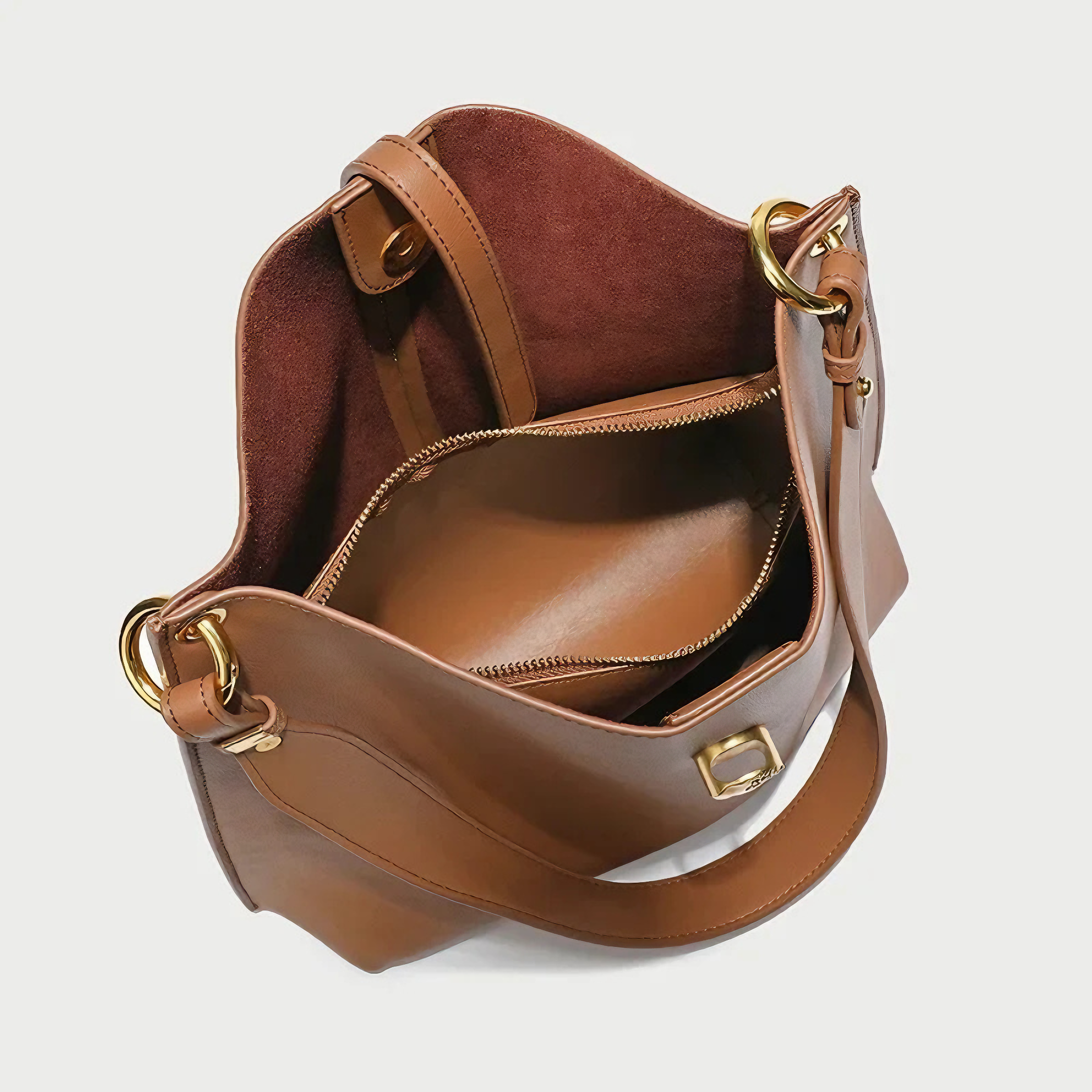 Bolsa feminina média em couro genuíno caramelo com nécessaire - Sereinna