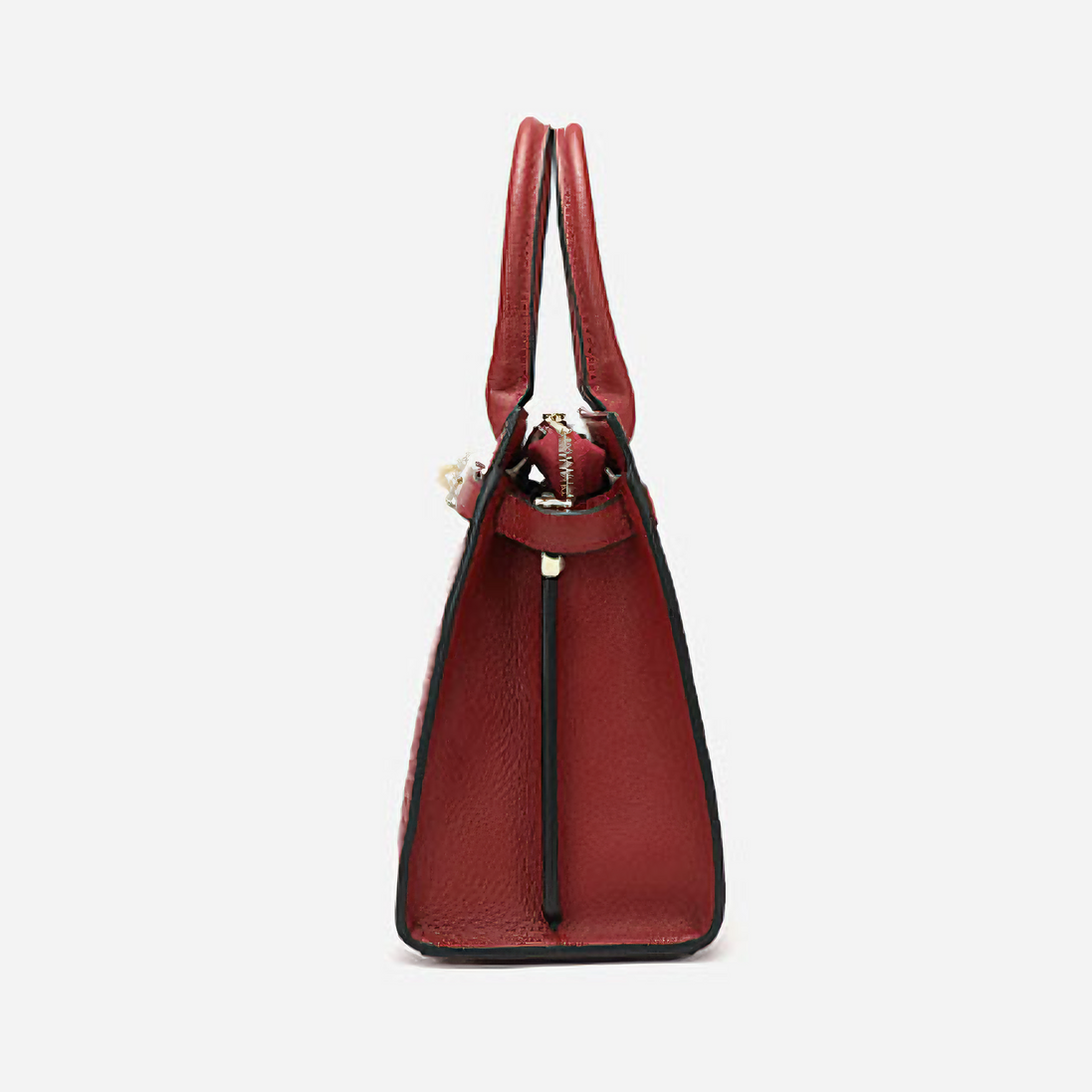 Bolsa Media com Detalhes Dourados em Couro Genuíno Borgonha - Sereinna