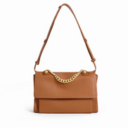 Bolsa feminina média em couro genuíno caramelo, com correntes - Sereinna
