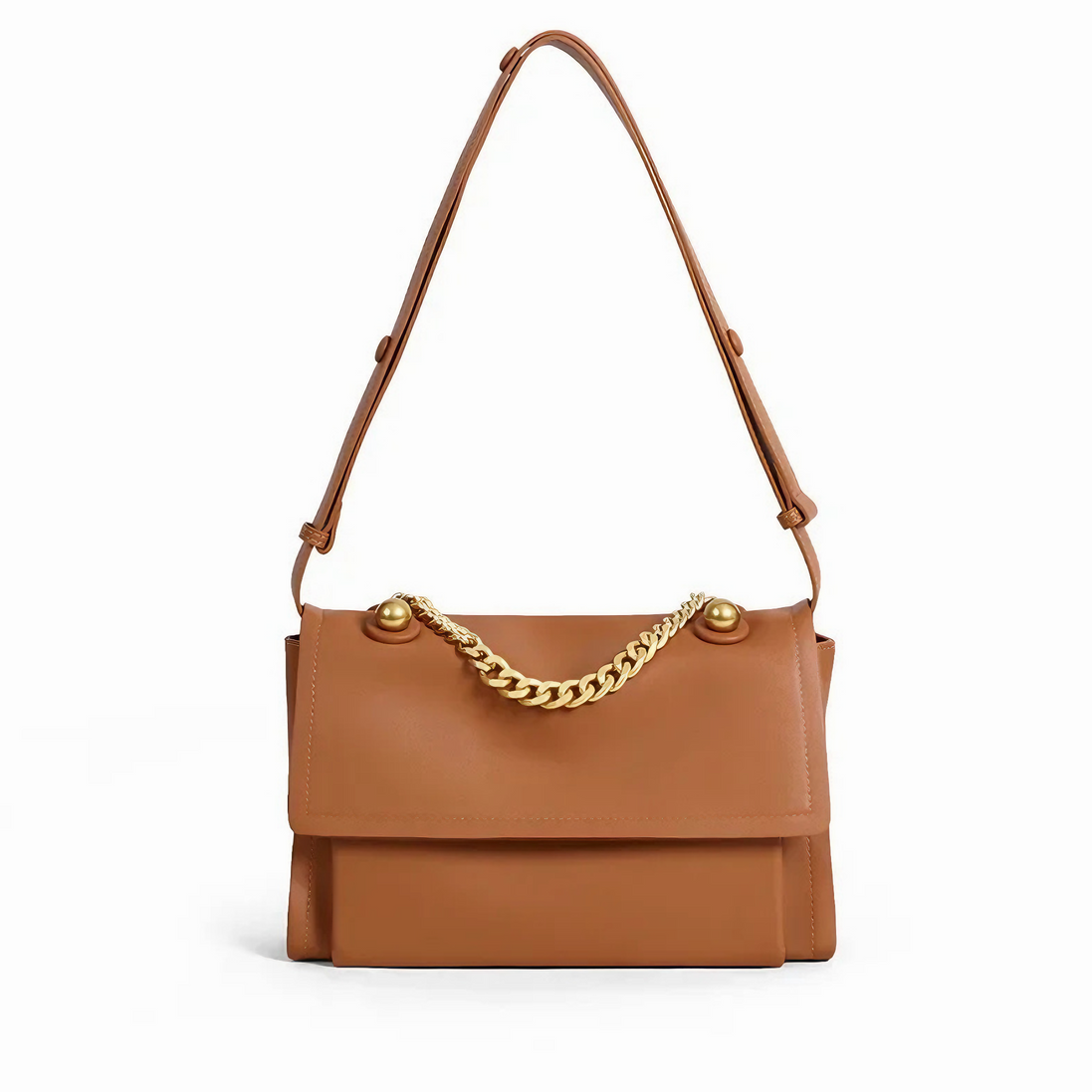 Bolsa feminina média em couro genuíno caramelo, com correntes - Sereinna