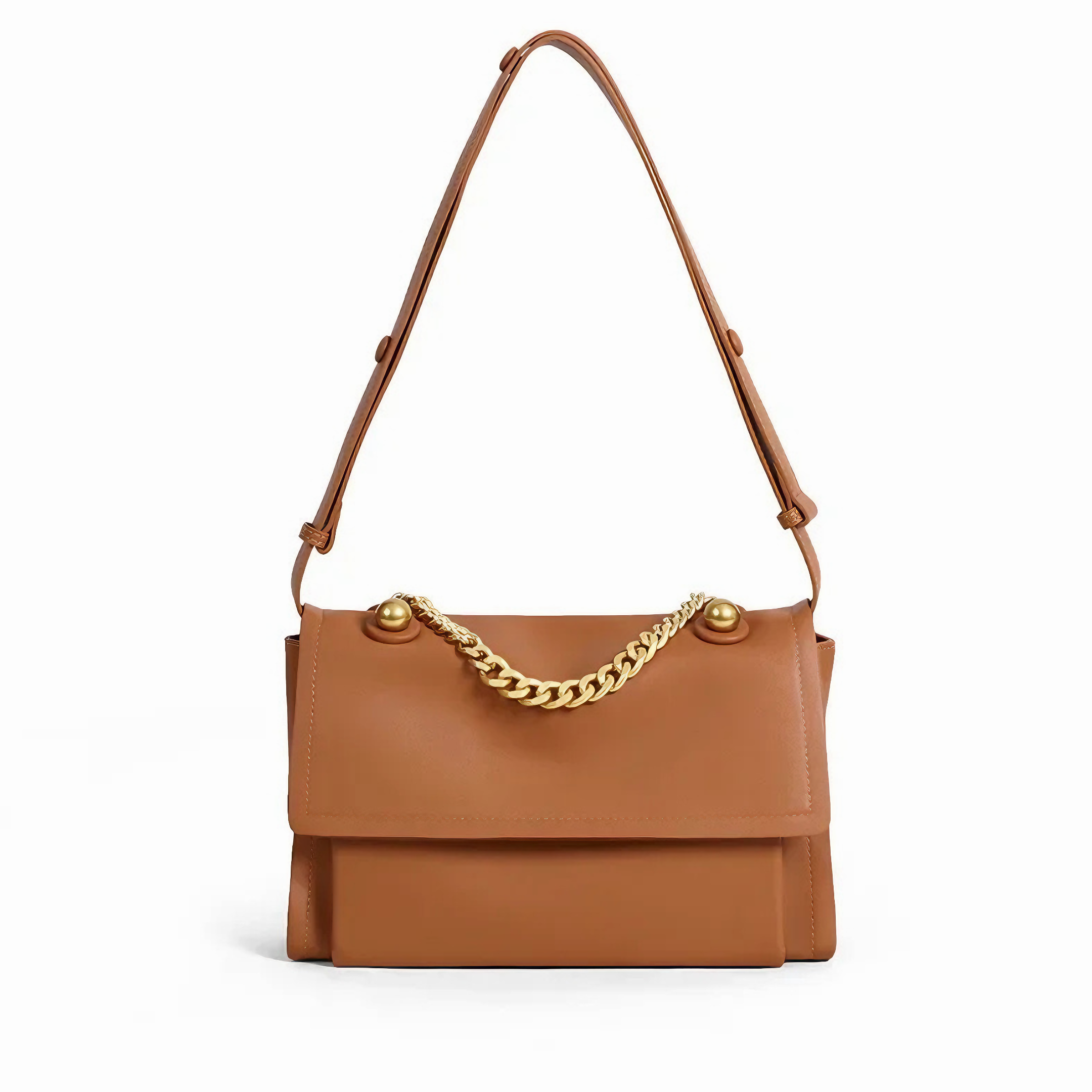 Bolsa feminina média em couro genuíno caramelo, com correntes - Sereinna