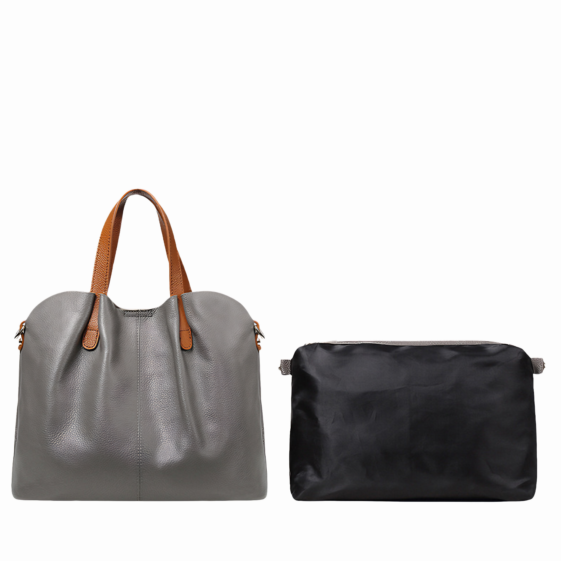 Bolsa Feminina Grande em Couro Genuino Cinza com Organizador Interno - Sereinna