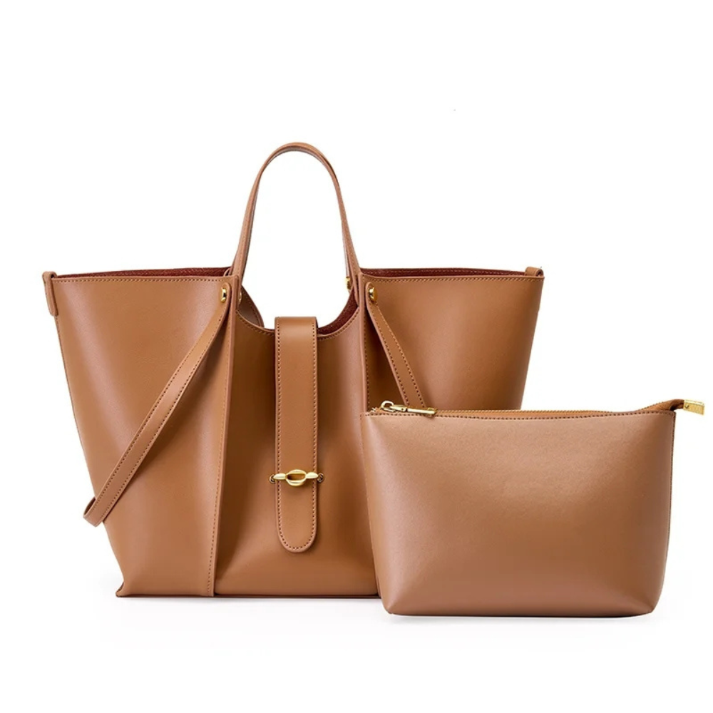 Bolsa feminina grande em couro genuíno caramelo com Organizador Interno - Sereinna