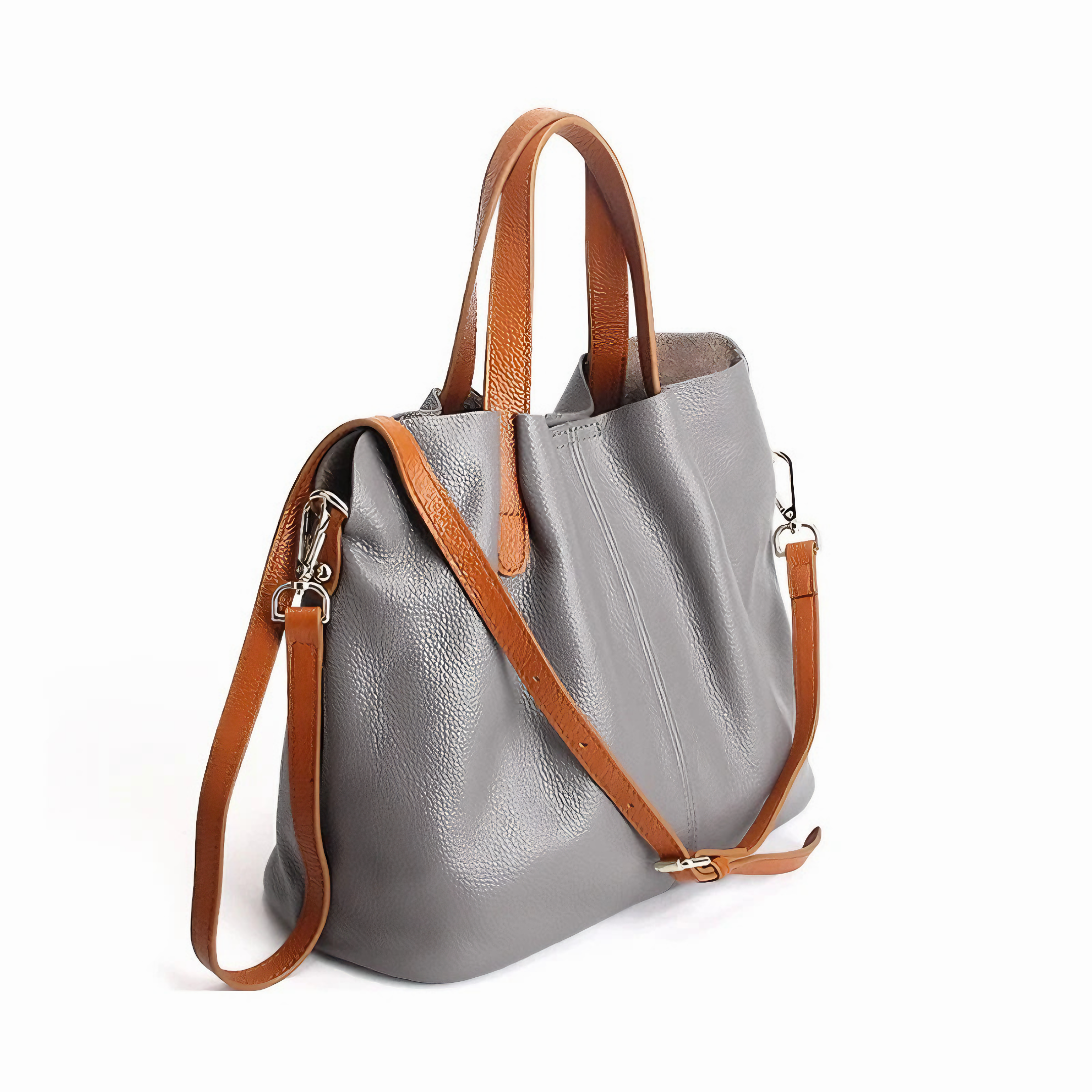 Bolsa Feminina Grande em Couro Genuino Cinza com Organizador Interno - Sereinna