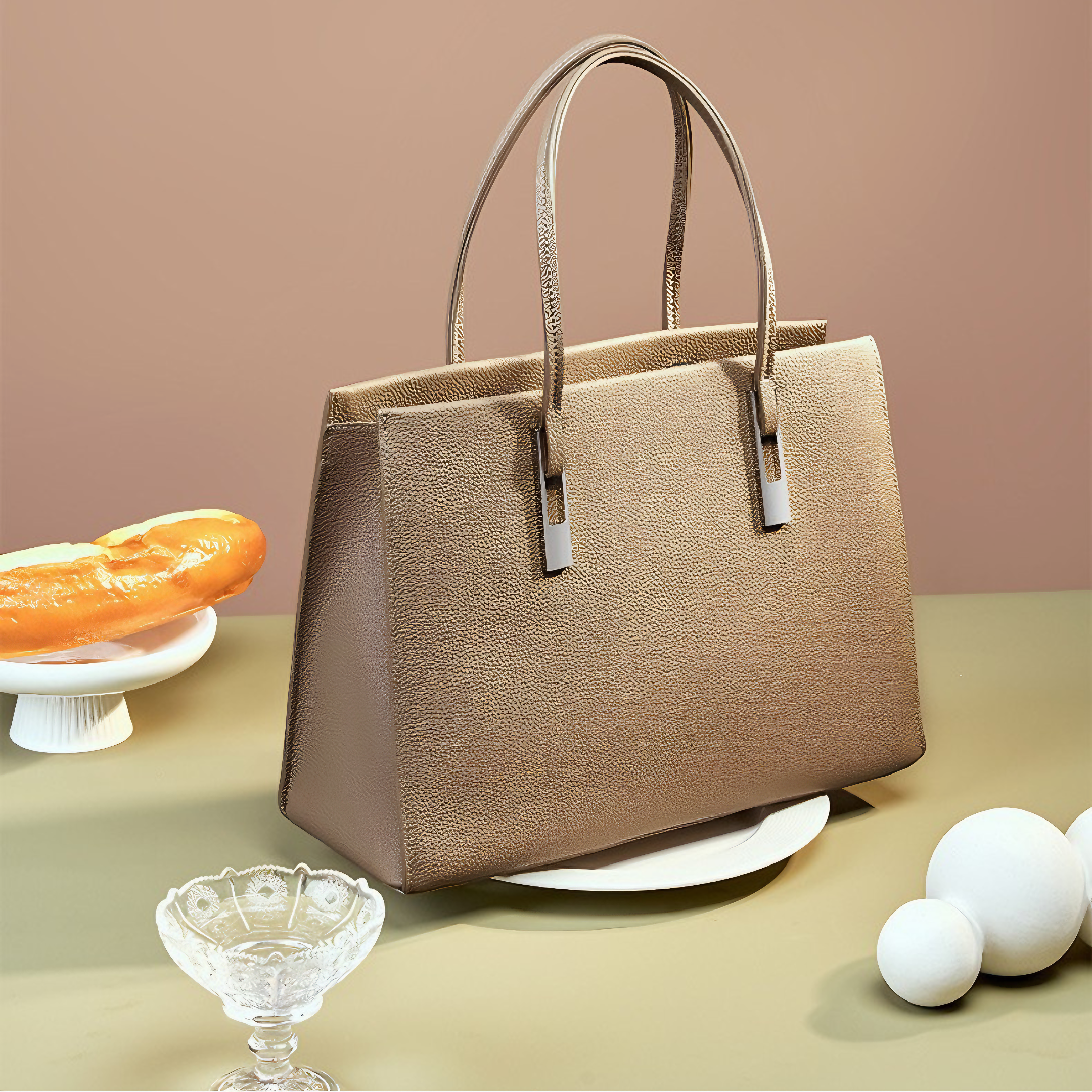 Bolsa feminina grande em couro genuíno cinza - Sereinna