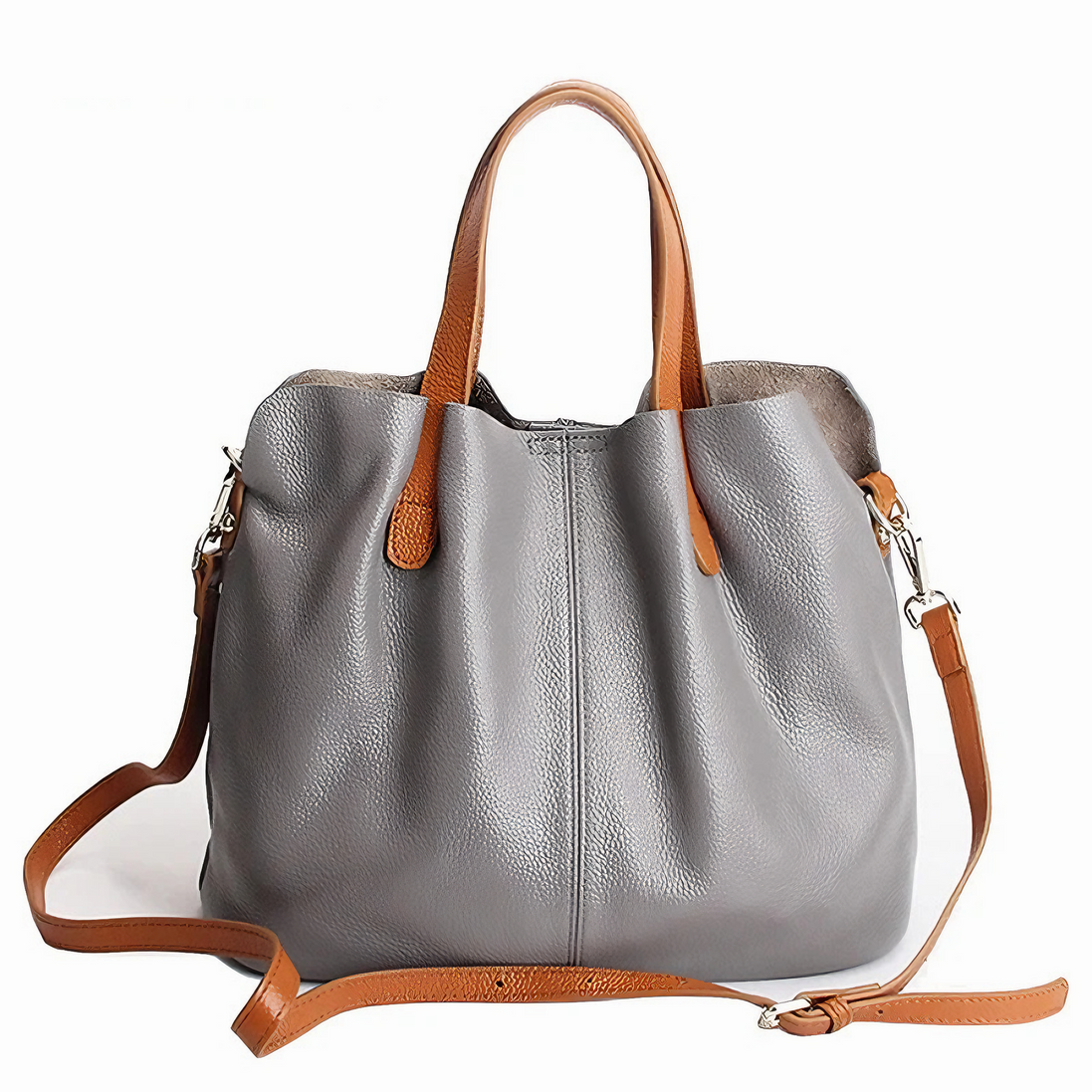 Bolsa Feminina Grande em Couro Genuino Cinza com Organizador Interno - Sereinna