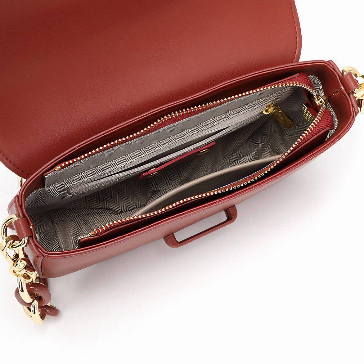 Bolsa Feminina Pequena em Couro Split Vermelha com Correntes - Sereinna